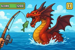 Dragão dourado emergindo do oceano no jogo Dragon Monster Pescaria.